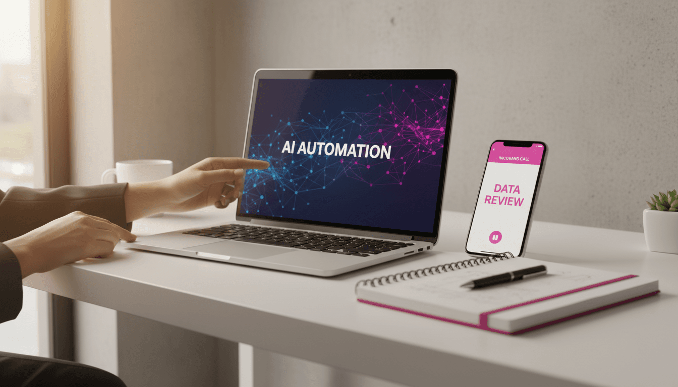Workspace setup showing AI automation dashboard on laptop with fuchsia design accents