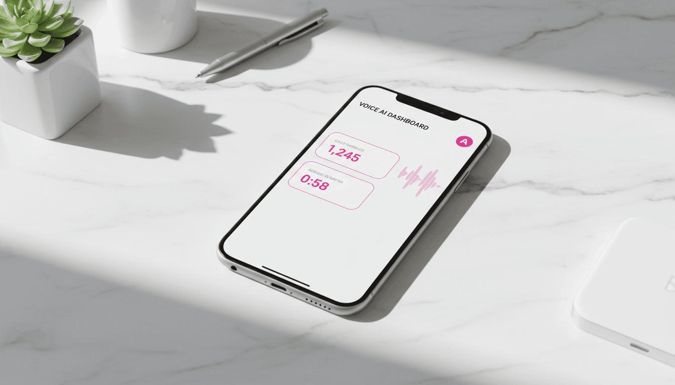 Smartphone showing AI voice receptionist interface with fuchsia accents