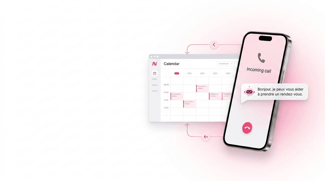 Smartphone showing an incoming call and chatbot message in French linked to a digital calendar.